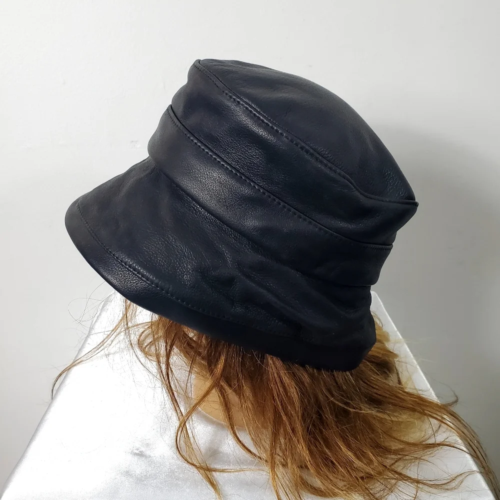 Vintage Black Leather Bucket Hat - Picture 3 of 7